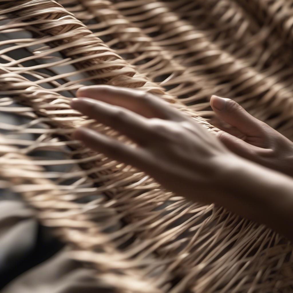 Expert hands intricately weaving rattan into a complex pattern, showcasing the skill and precision required in the craft.