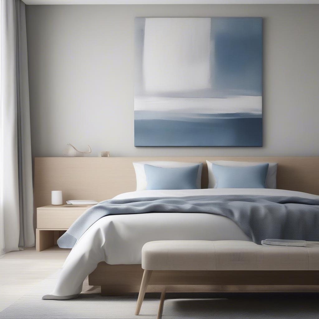 Extra large abstract canvas wall art hanging above a bed in a minimalist bedroom.