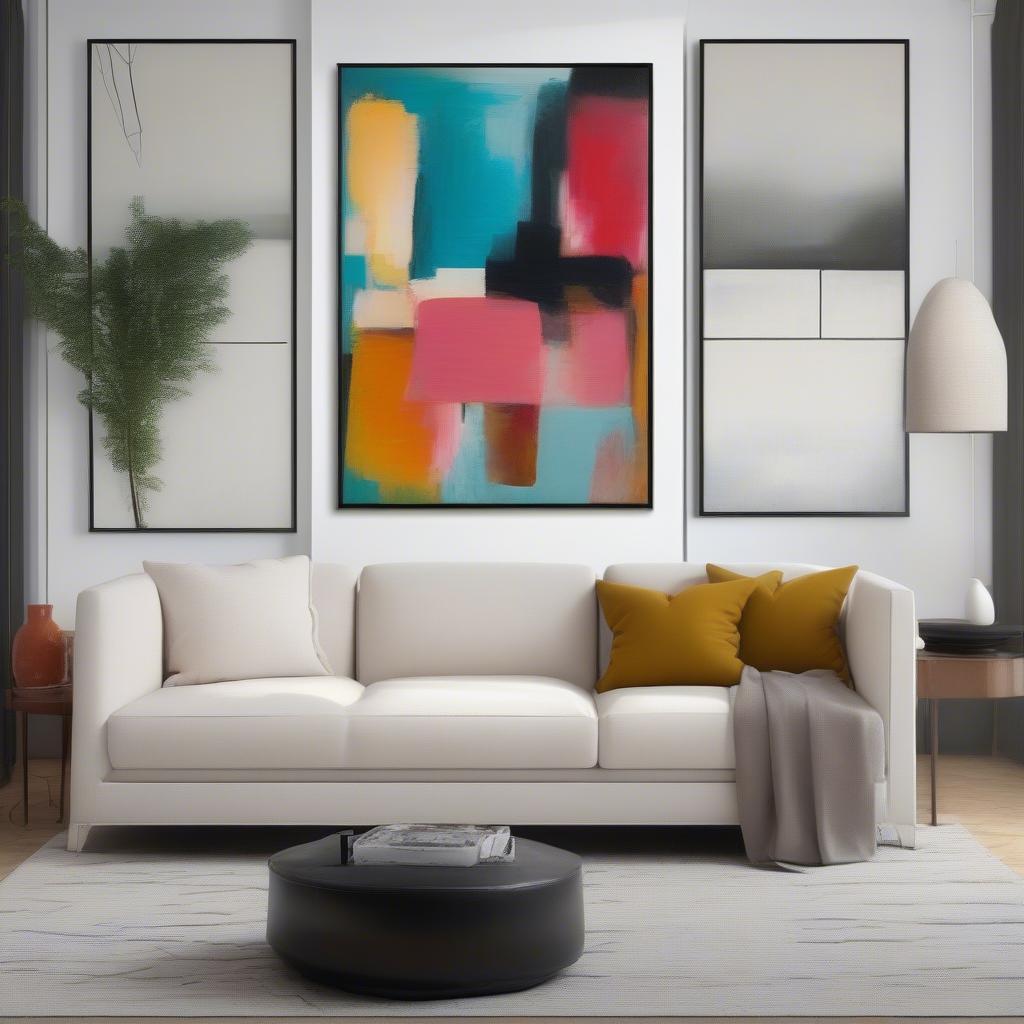 Extra large framed abstract art hangs above a modern white sofa in a minimalist living room, demonstrating how oversized artwork can complement a room's existing decor.