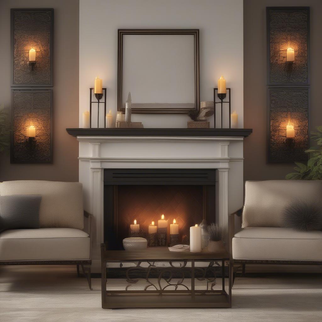 Extra large wall sconces with candles illuminating a living room