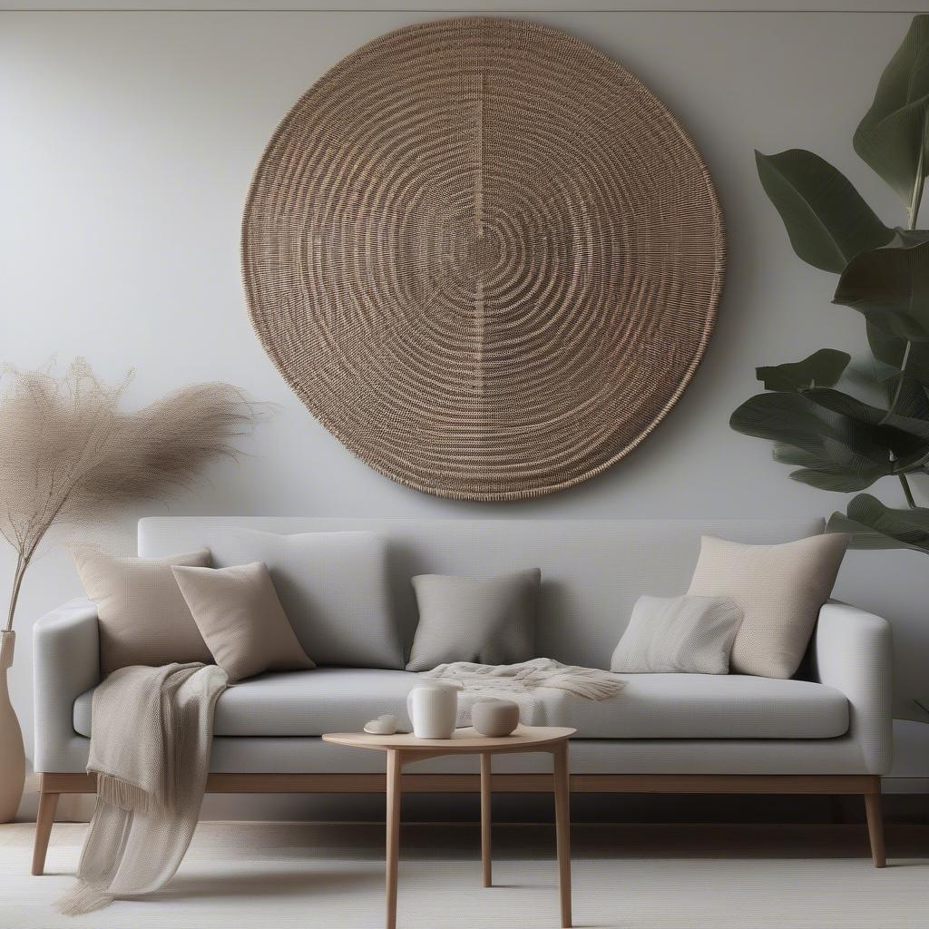 Extra large wicker wall art hanging above a sofa in a modern living room.