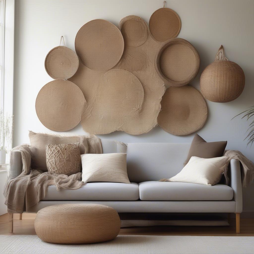 Extra large wicker wall decor adds a touch of natural elegance to a modern living room setting.