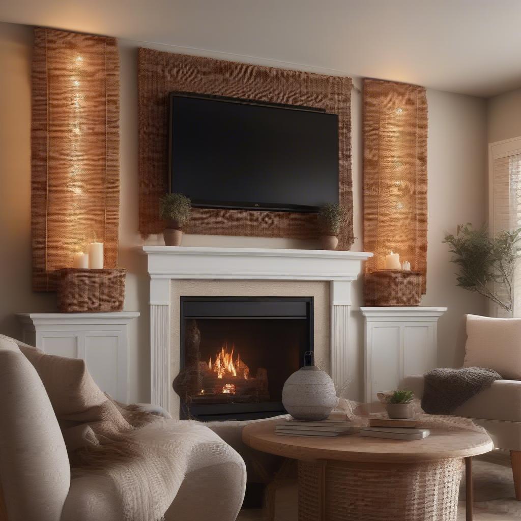 Extra large wicker wall sconces add a rustic touch to a living room.