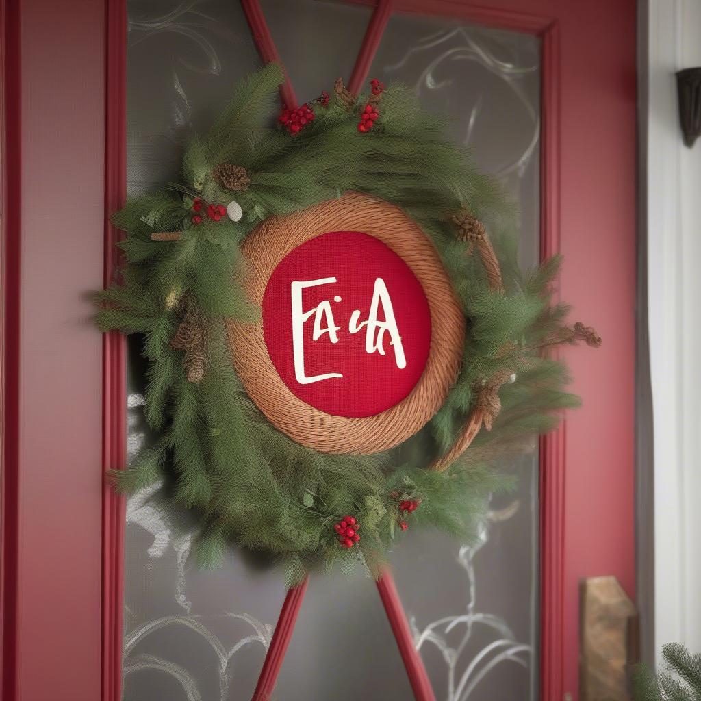 Fa la la la la wicker sign hanging on a festive front door.