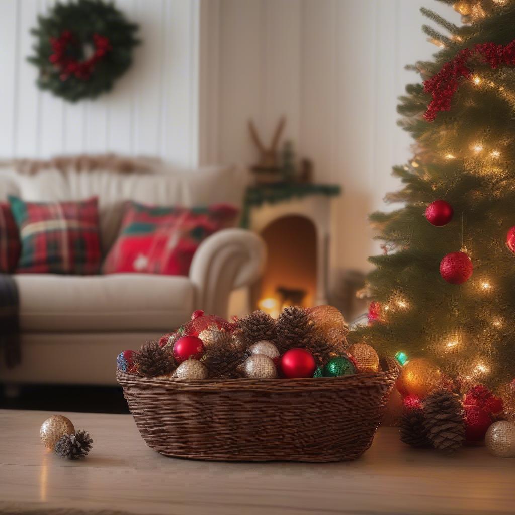 Festive Christmas decor featuring wicker baskets filled with ornaments and twinkling lights, embodying the spirit of "fa la la la la".