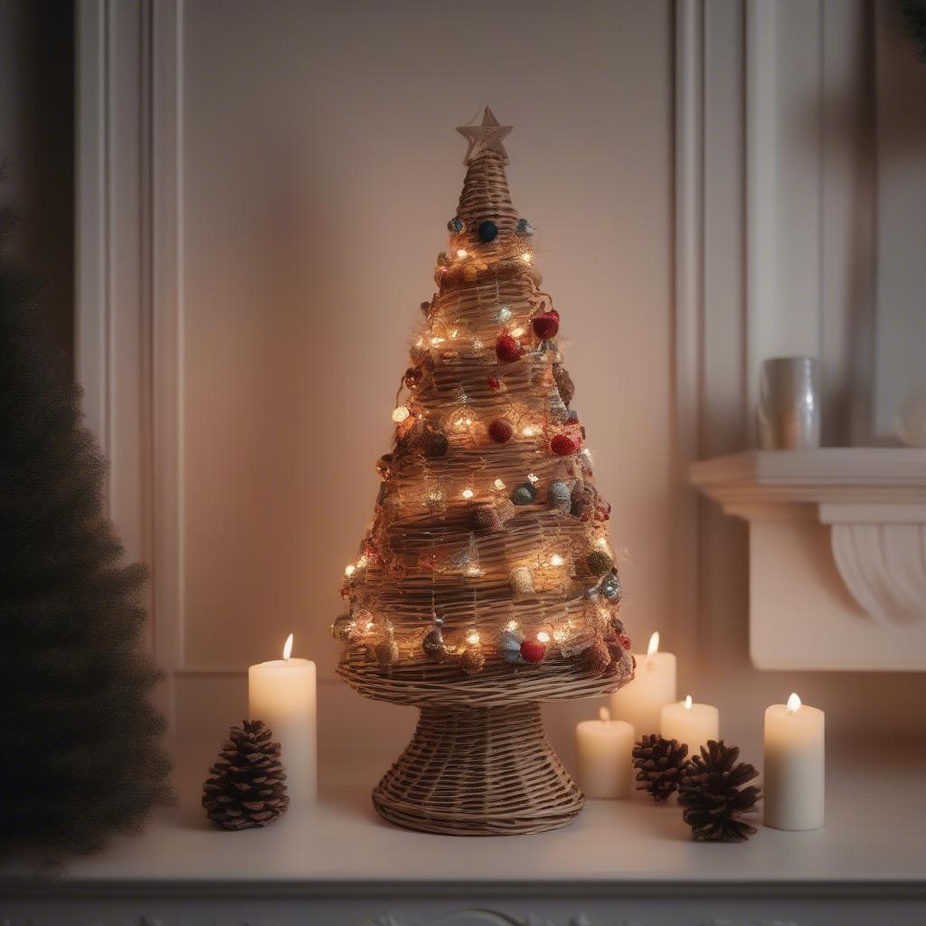 Wicker Christmas tree decorations displayed in a festive setting.