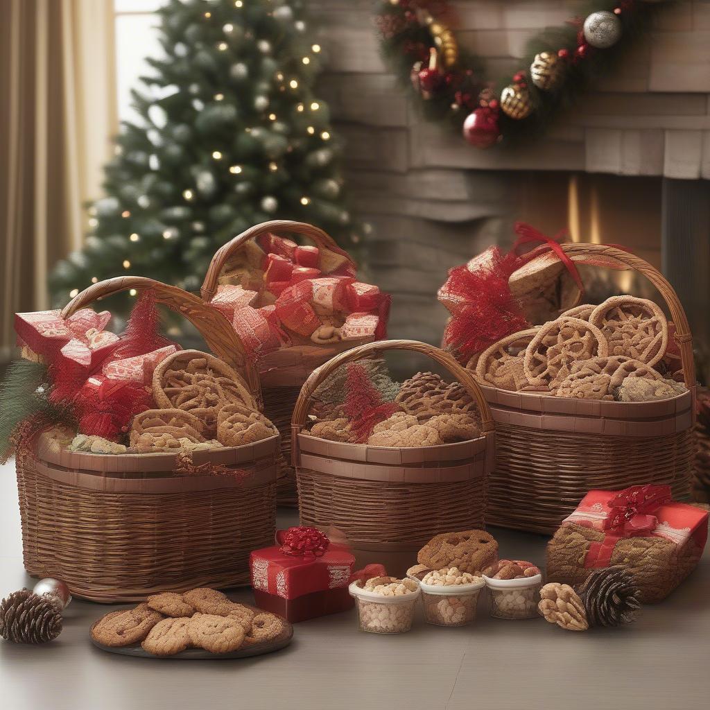 Rattan gift baskets filled with festive treats and decorations.