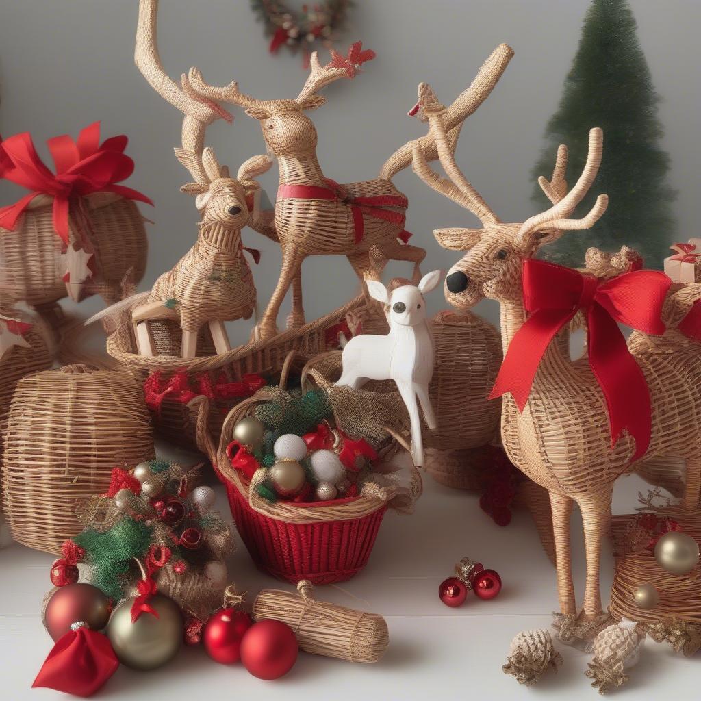 Festive wicker and rattan Christmas decorations.