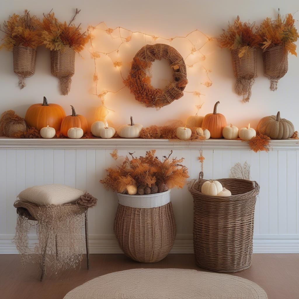 A fall-themed wall decorated with string lights, wicker baskets, and autumnal foliage.