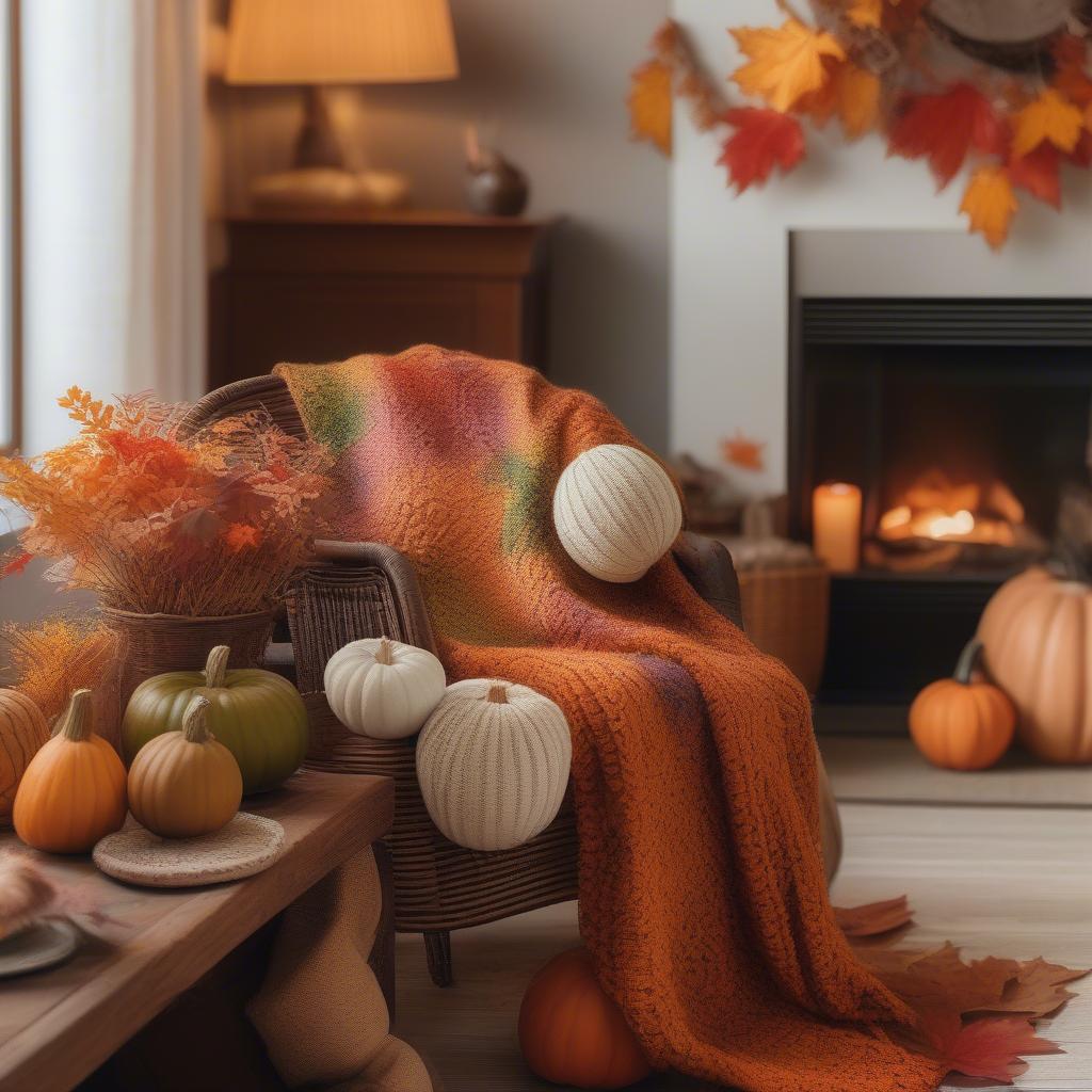 Fall wicker and rattan decor adding warmth and texture to a living room.