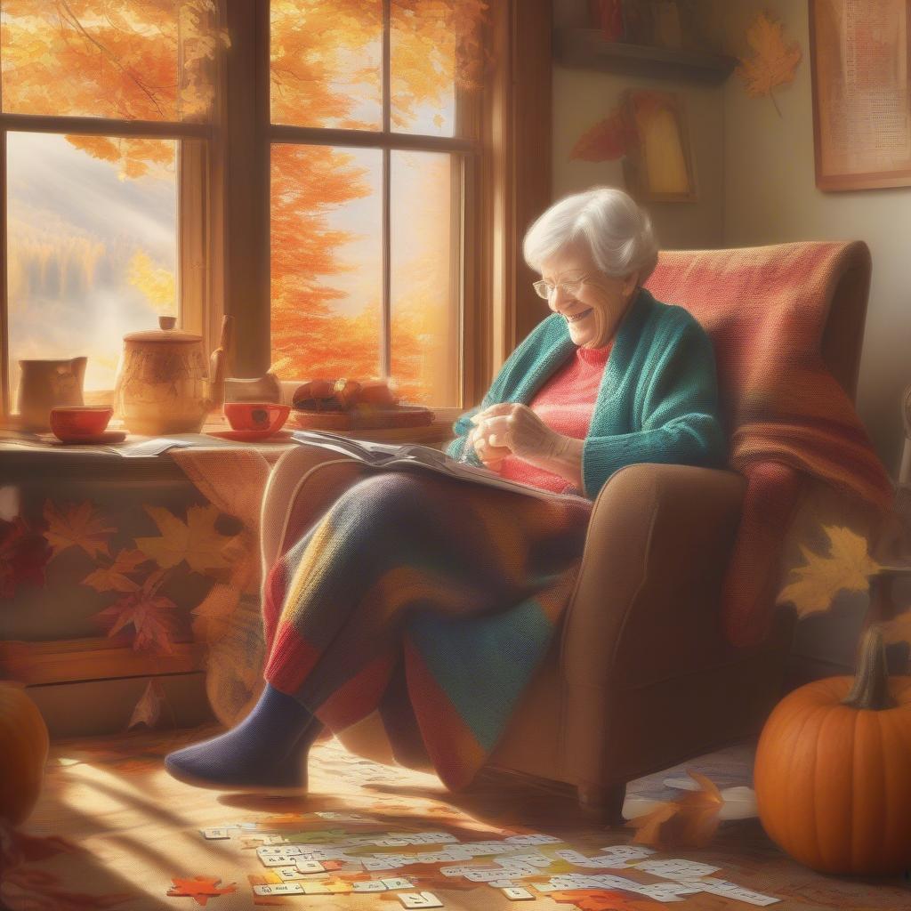 Elderly Woman Enjoying a Fall Word Search Large Print Puzzle