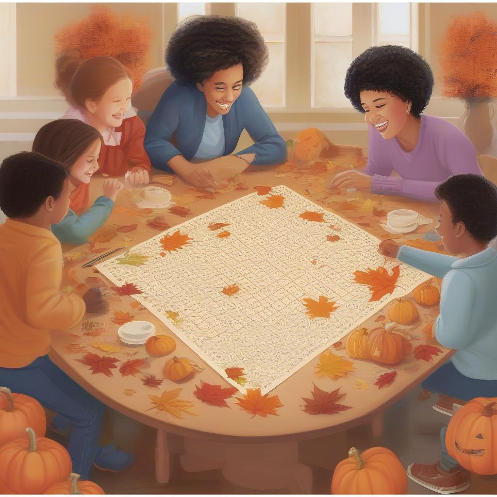 Family Gathered Around a Table Enjoying a Fall Word Search Large Print Puzzle Together