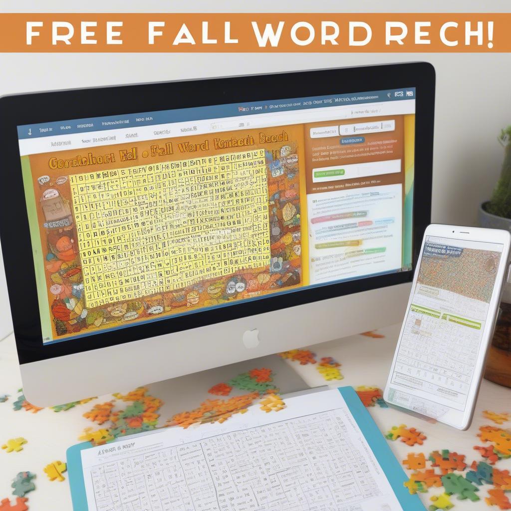 Various Online Resources for Fall Word Search Large Print Puzzles Displayed on a Laptop Screen