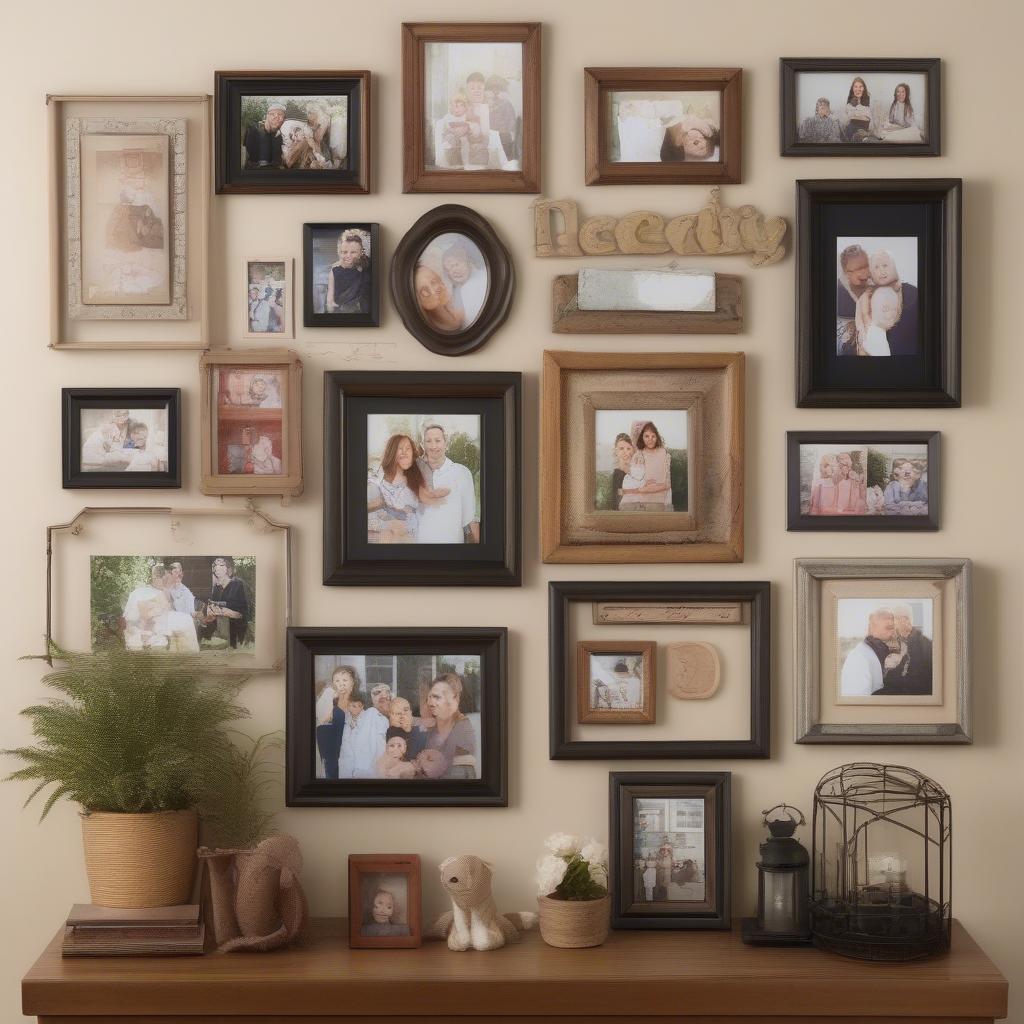 A family picture frame collage wall with varying frame styles