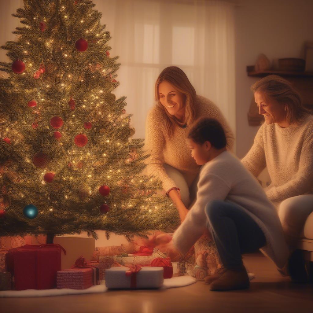 Family Decorating Christmas Tree with Personalized Ornaments