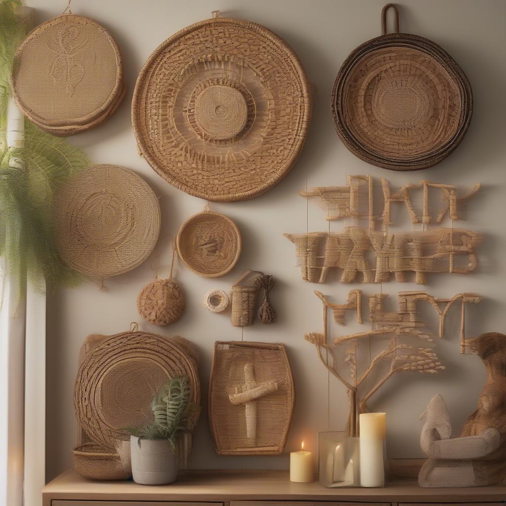 Wicker and rattan wall decorations showcasing family themes.