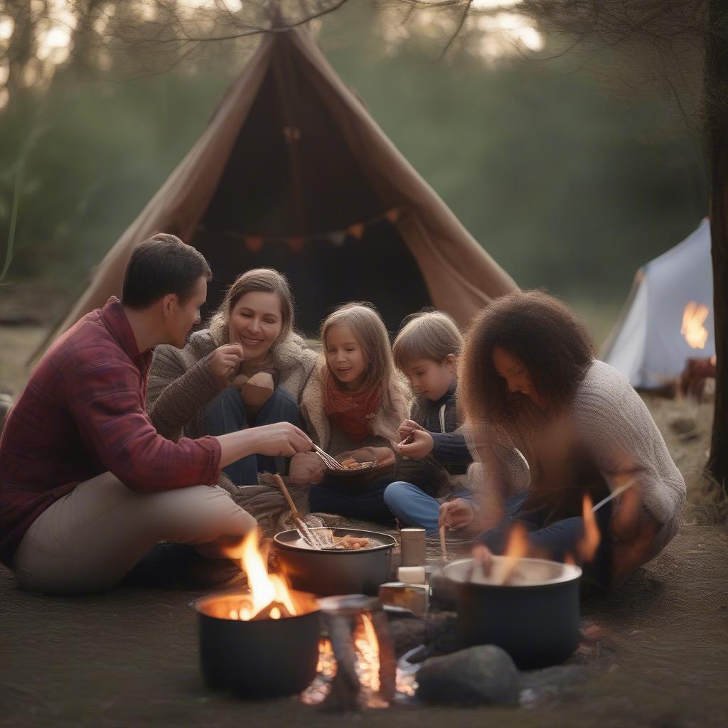 Family Enjoying a Camp Meal with Bamboo Cutlery