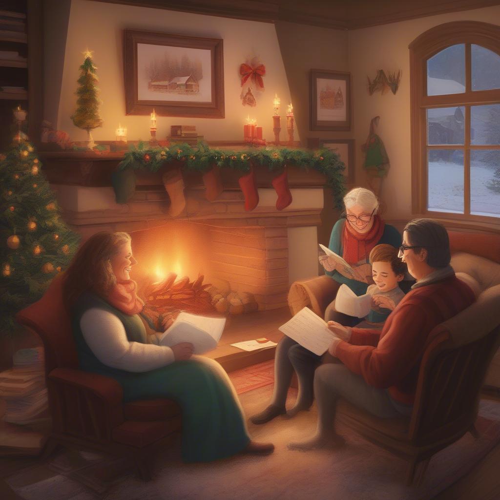 Family Gathering Around Fireplace Reading Holiday Letters