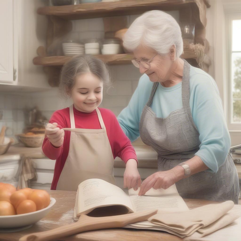 Grandmother and Grandchild Baking Together from an Heirloom Recipe Book