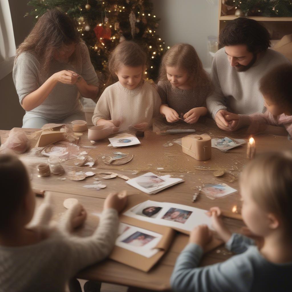 Family making handmade photo ornaments