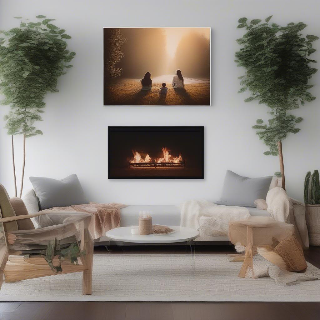 A family photo printed on canvas hanging above a fireplace