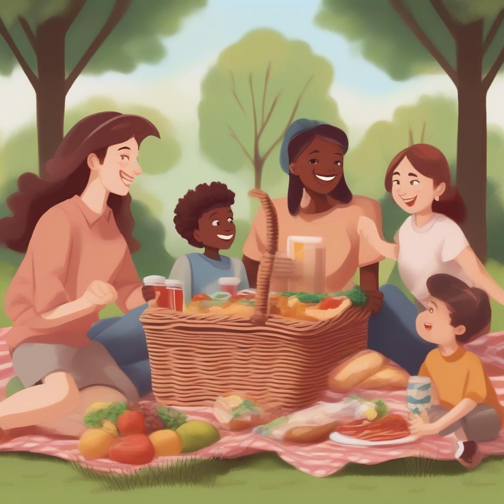 A family enjoying a picnic with a wicker basket, emphasizing the joy of shared experiences.