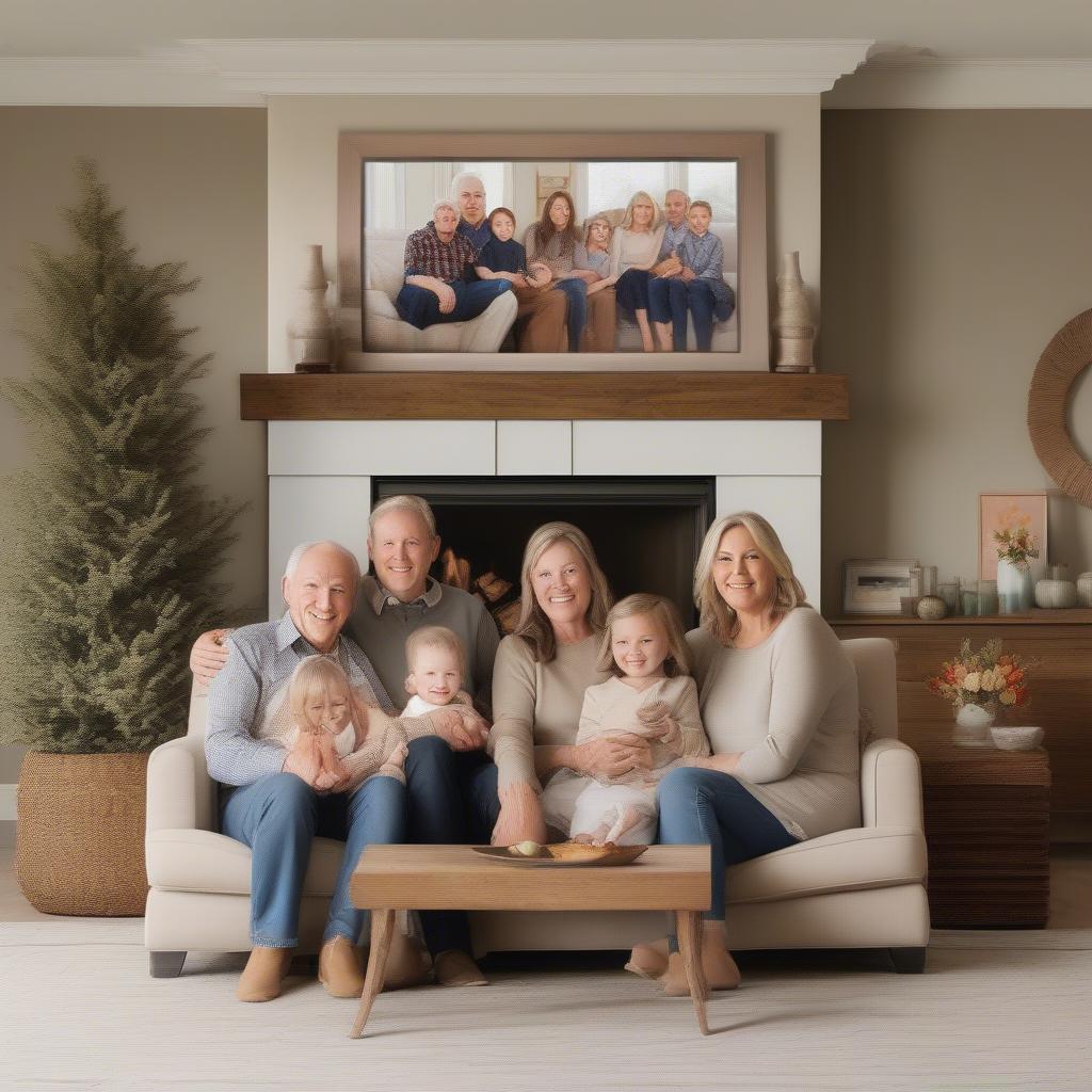 Family picture canvas displayed above a fireplace in a cozy living room