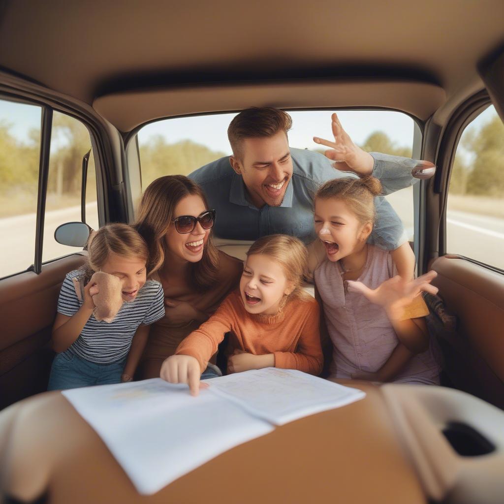 Family Playing Road Trip Trivia in the Car