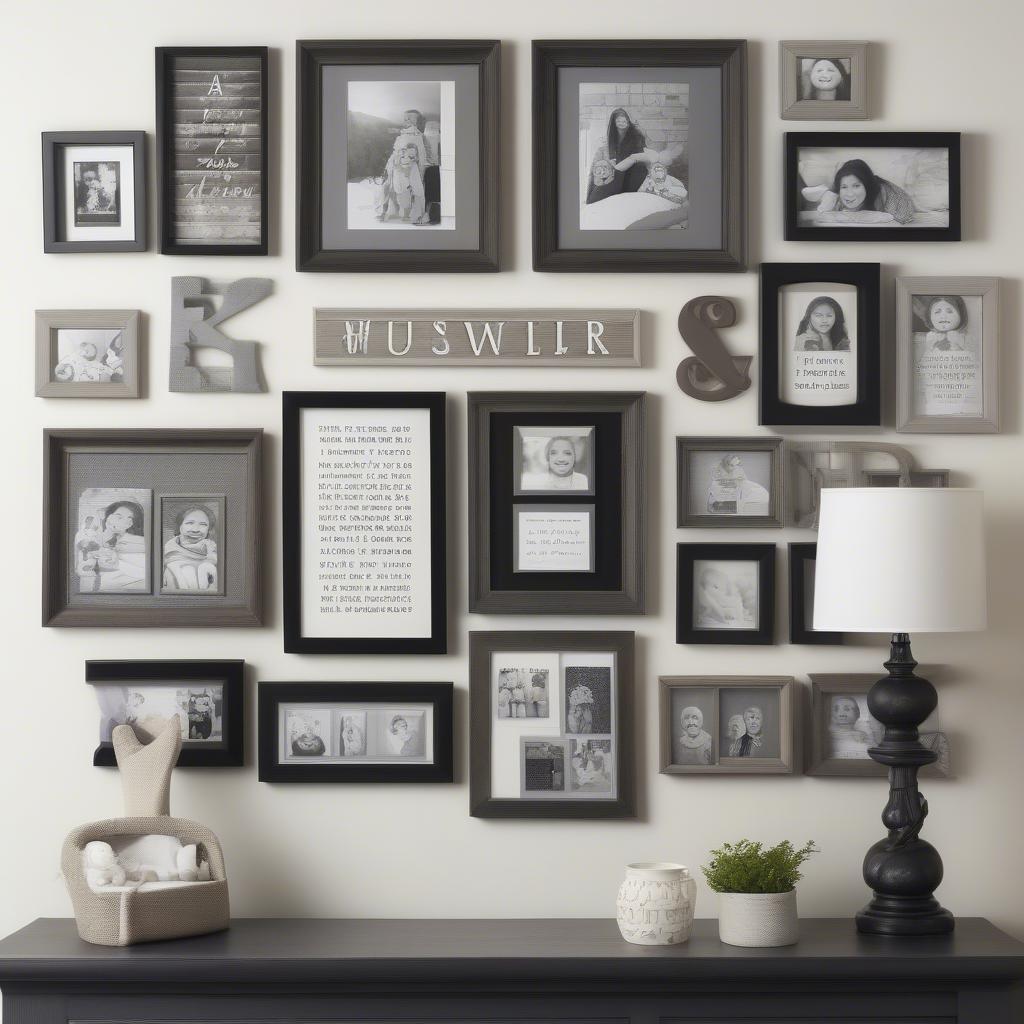 A gallery wall featuring family quotes and photos