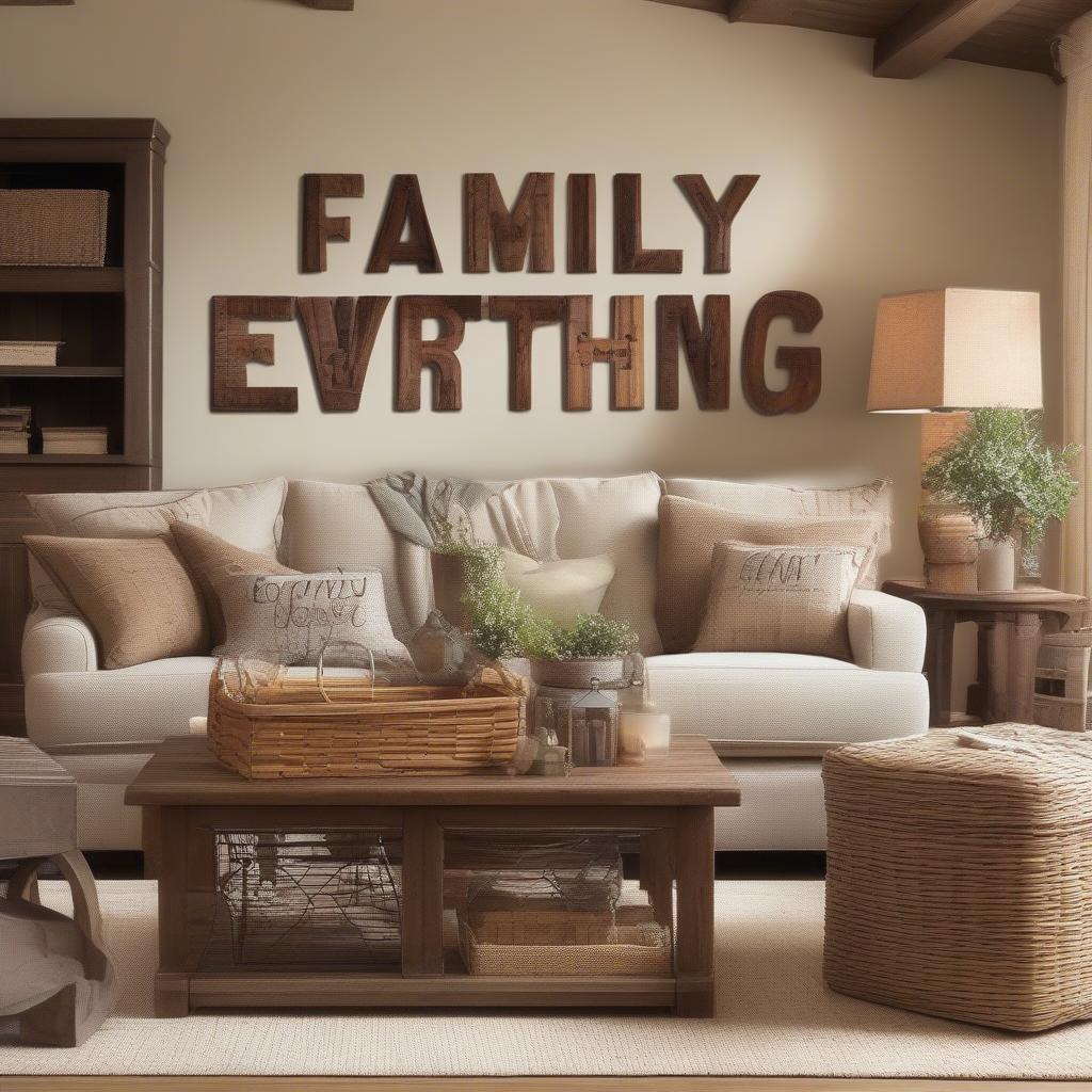 Family quote wall decor in a living room setting