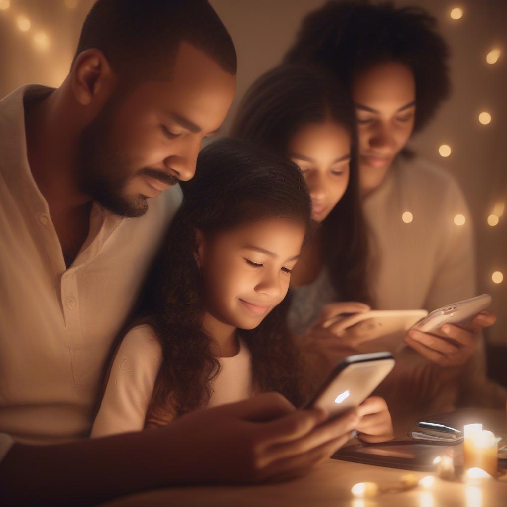 Family sharing good night messages on their phones