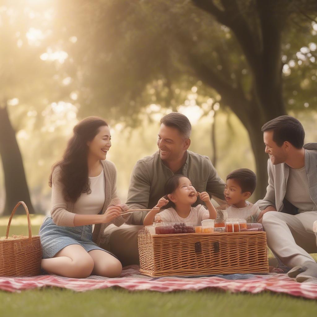 Family enjoying a picnic with a wicker basket