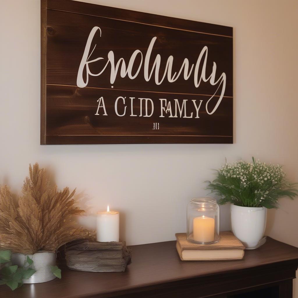 Family wood sign hanging above a fireplace in a cozy living room