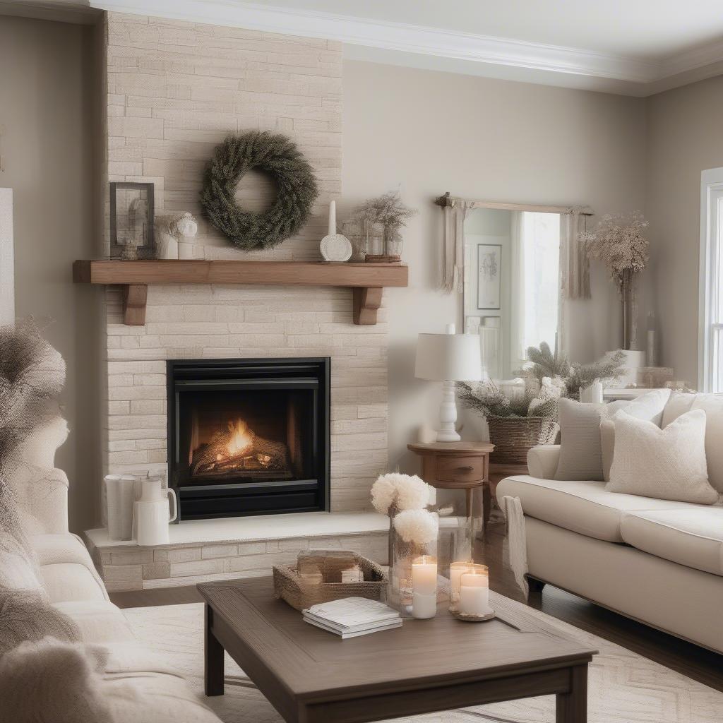 Family wooden sign hanging above a fireplace in a cozy living room