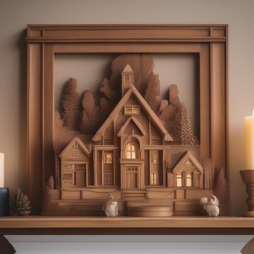 Family wooden wall hanging displayed above a fireplace in a cozy living room