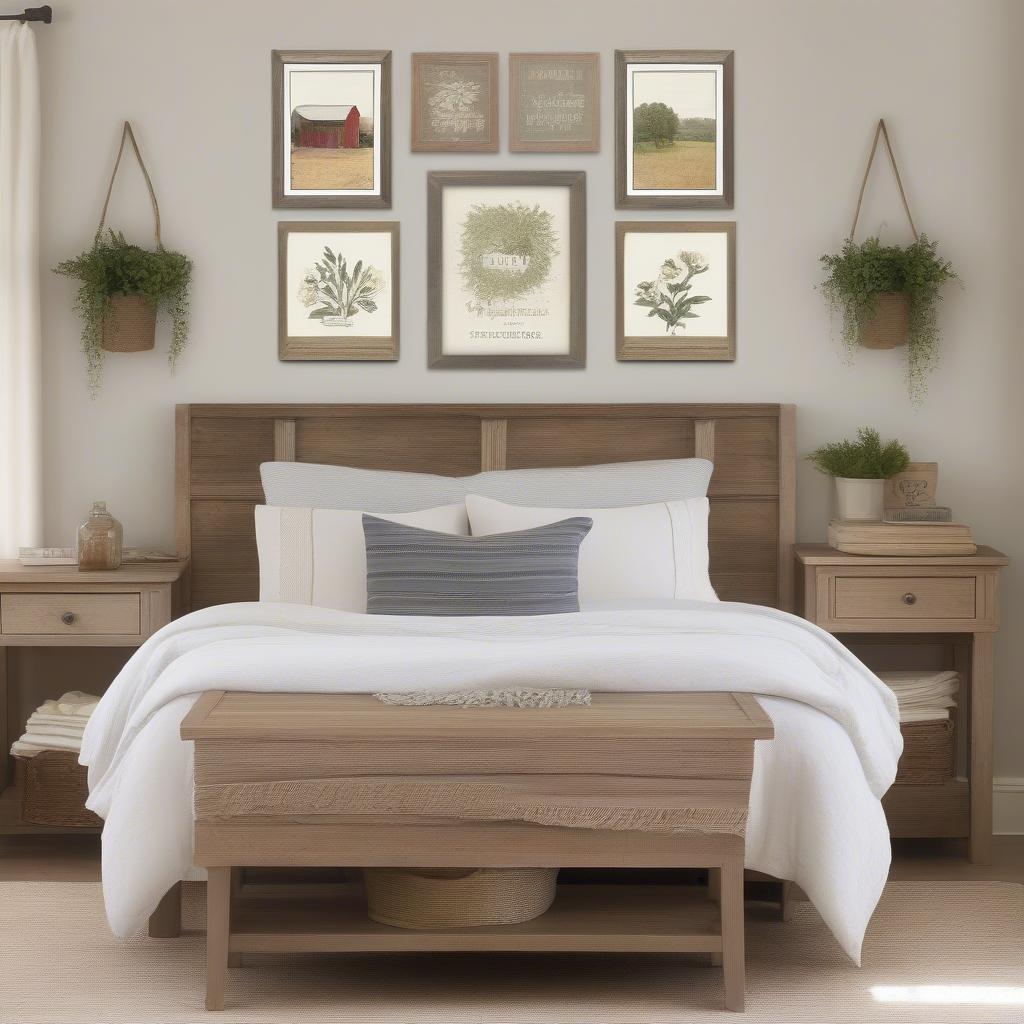 Farmhouse barn wall art in the bedroom creates a relaxing and inviting atmosphere with elements like a simple wooden sign with an inspirational quote or a framed piece of vintage textile art.