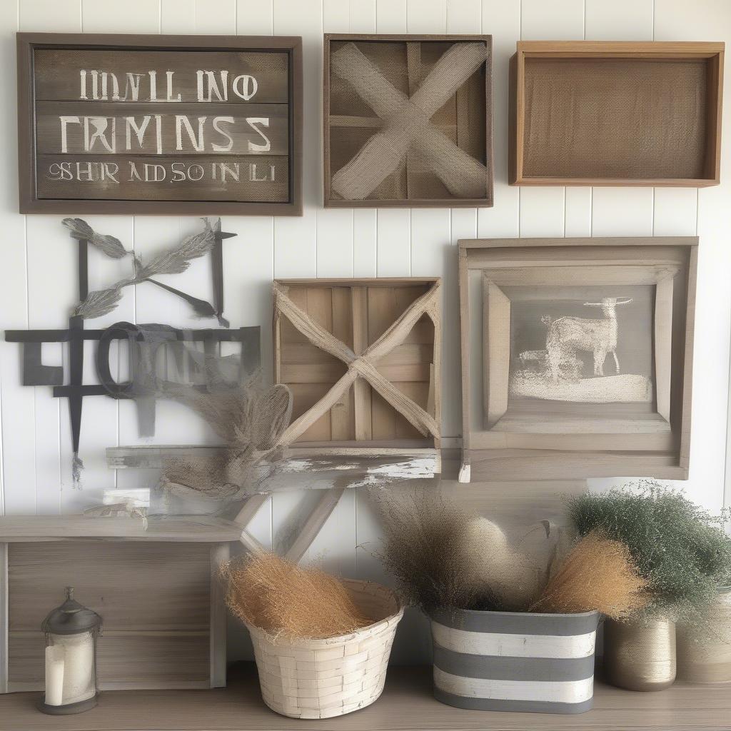 Farmhouse barn wall art ideas showcase a variety of styles, including rustic wood signs, metal accents, and woven baskets, creating a warm and inviting atmosphere.