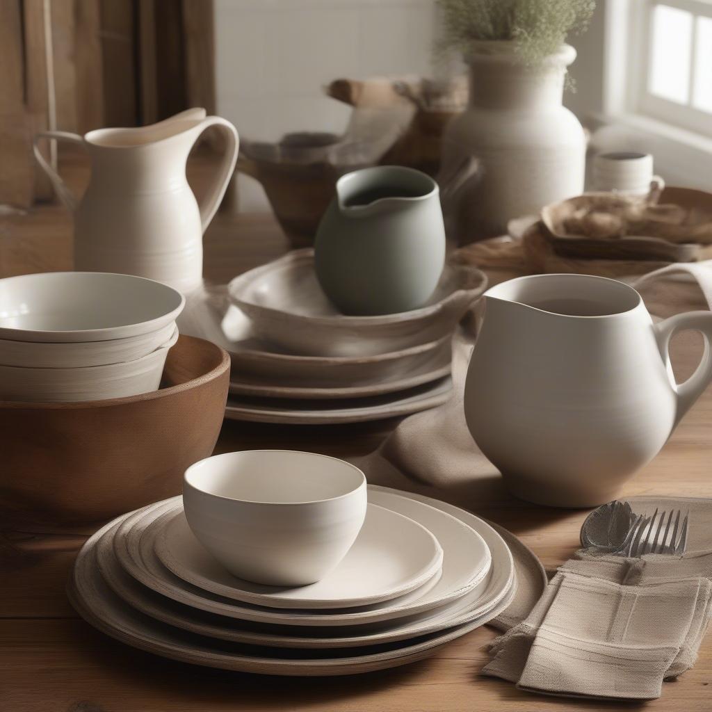 Farmhouse dinnerware accessories including serving platters and pitchers