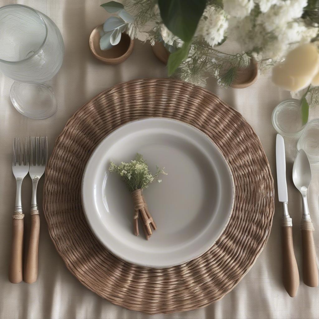 Farmhouse dinnerware setting with stoneware plates and wicker placemats