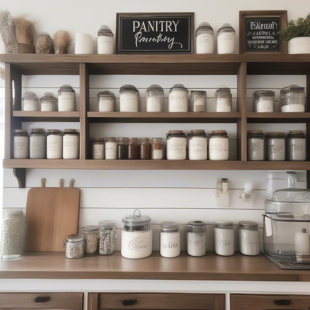 Farmhouse kitchen canisters displayed on open shelving with a pantry sign above.