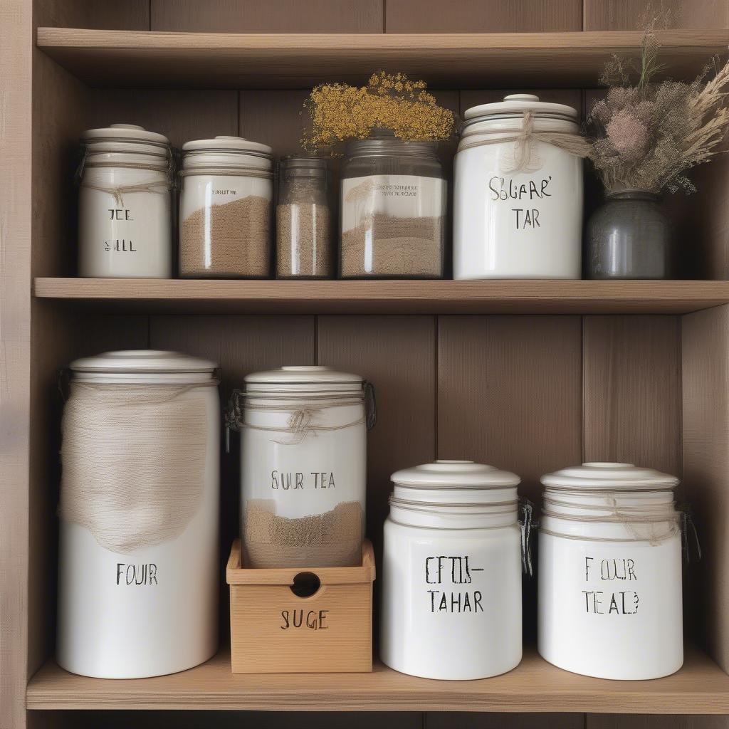 Farmhouse kitchen canisters set on a wooden shelf with various dried goods.