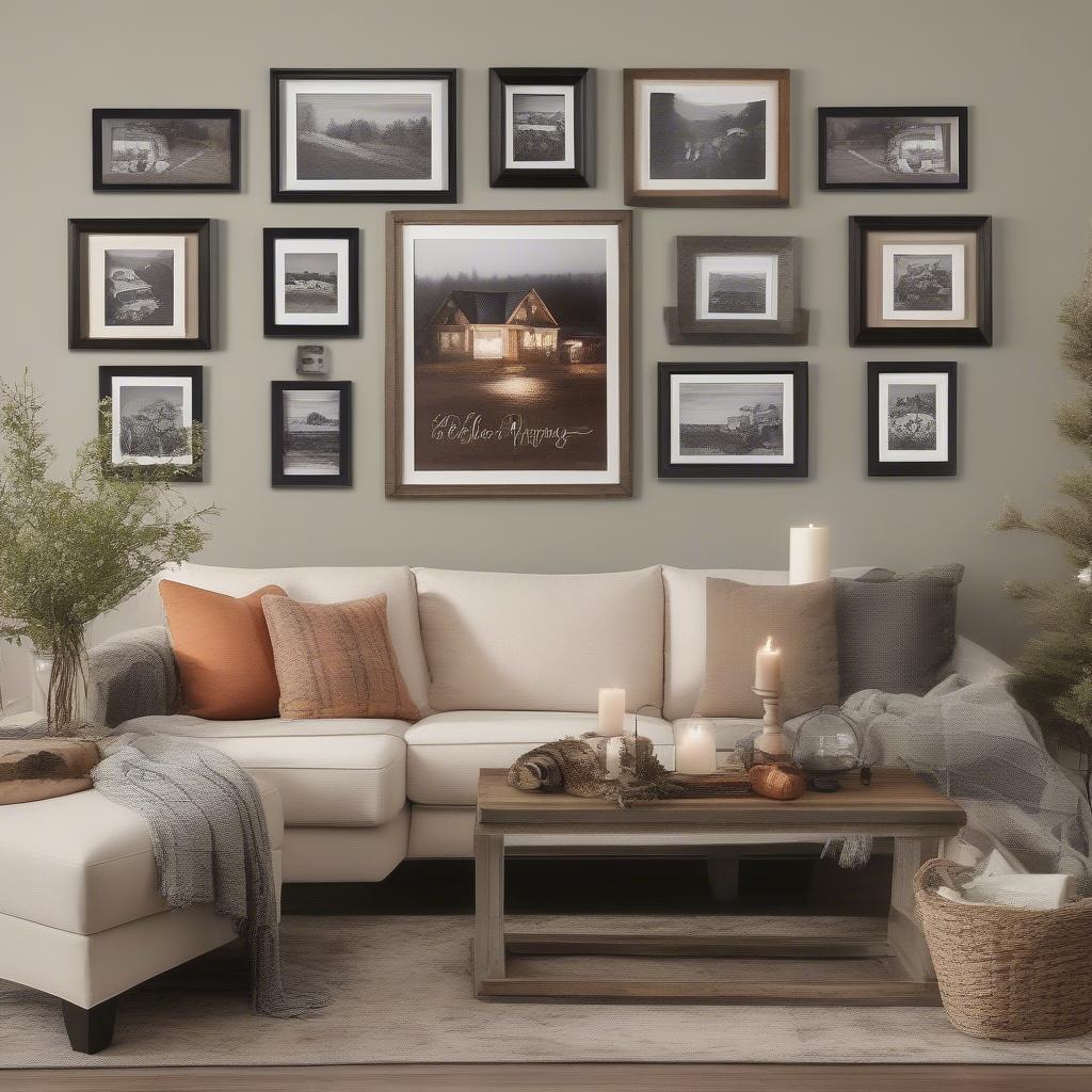 Farmhouse picture frame collage hanging above a fireplace in a cozy living room.