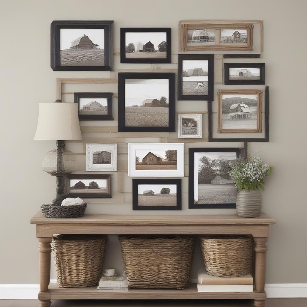 A farmhouse picture frame collage displayed on a shiplap wall.