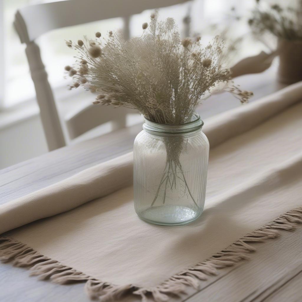 Farmhouse table runner with a simple floral centerpiece