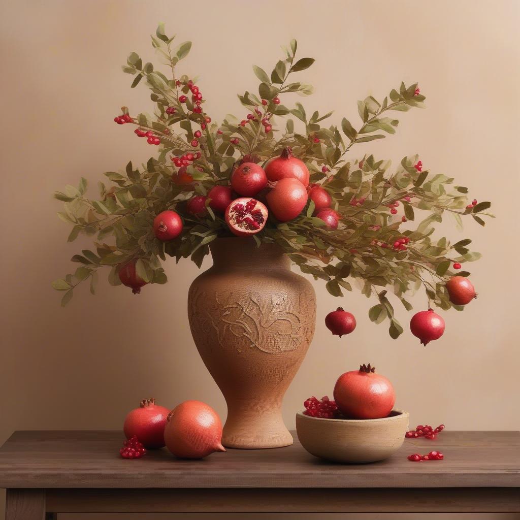 Faux pomegranate branch arrangement in a rustic vase.