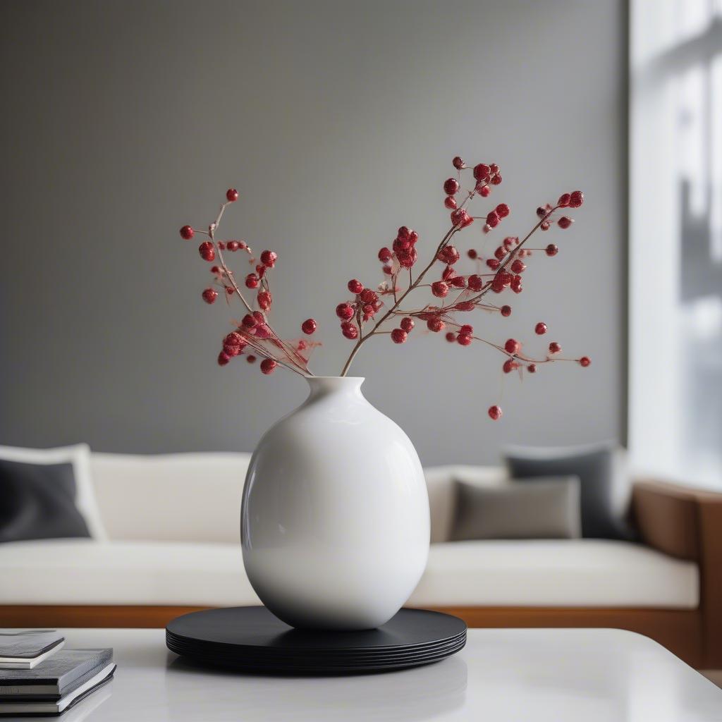 Faux pomegranate branch in a minimalist, modern interior.