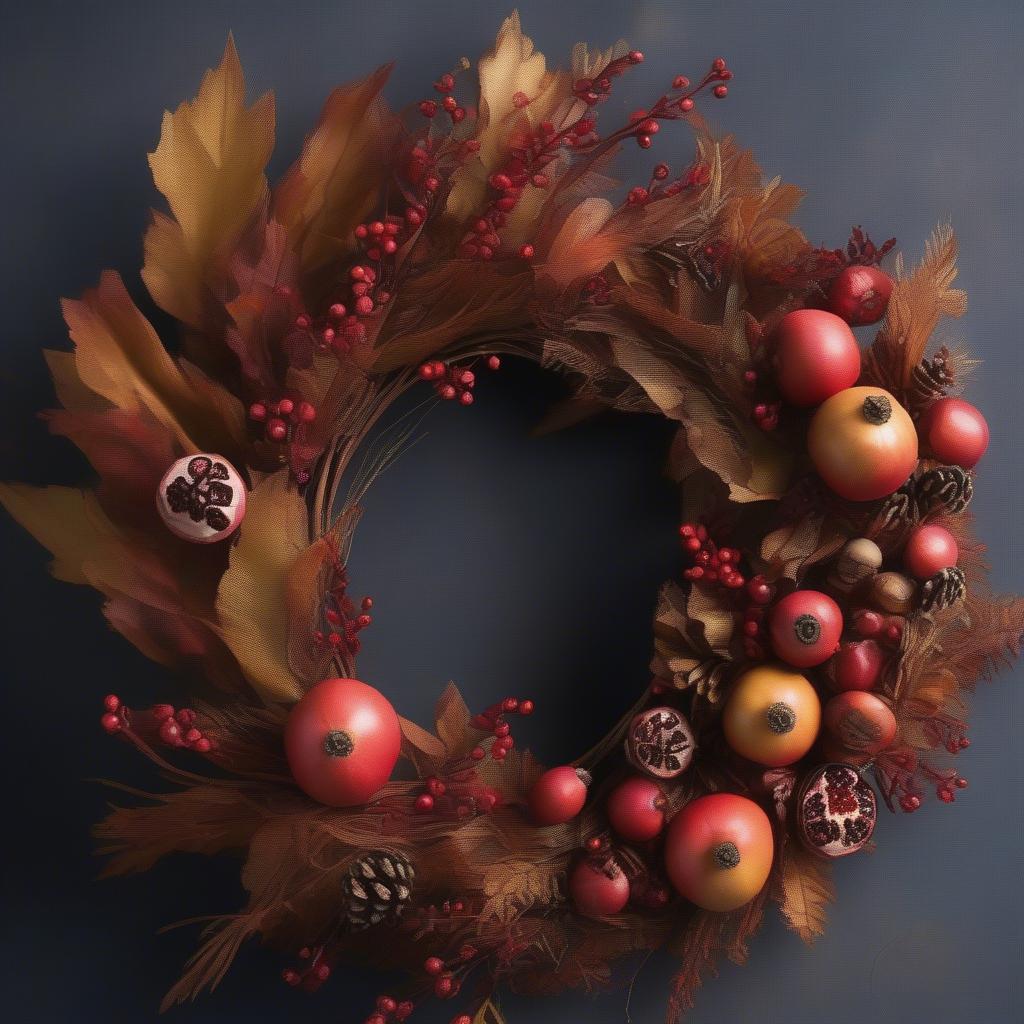 DIY faux pomegranate branch wreath for front door.