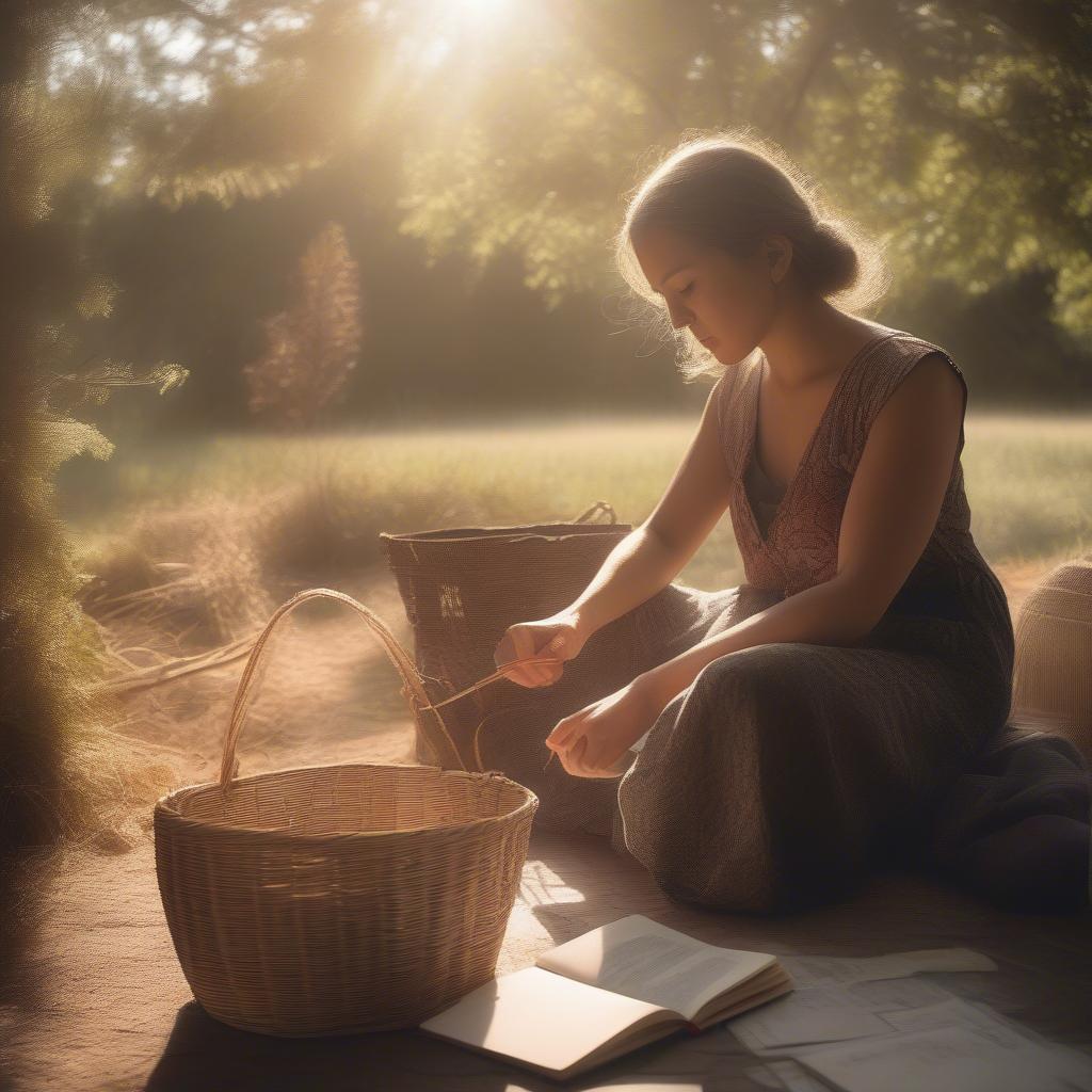 Woman weaving a basket, inspired by a fearless quote.