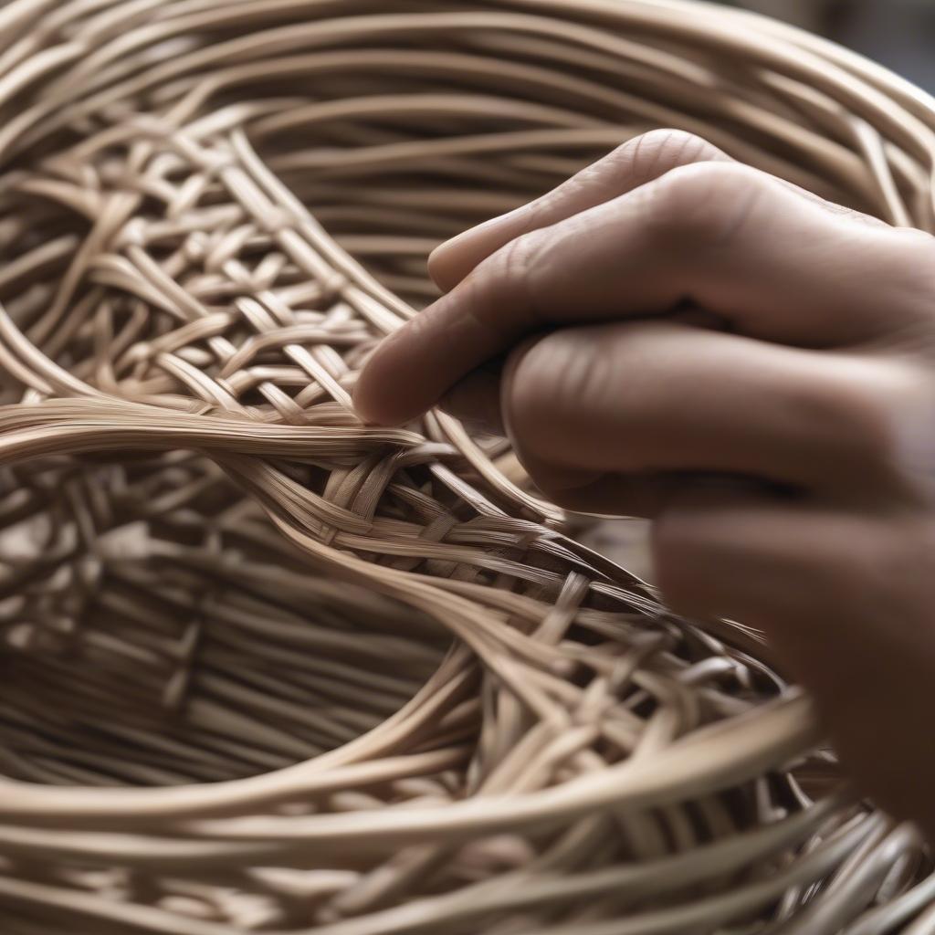 Wicker artisan meticulously crafting a complex Celtic knot design in a basket, showcasing their fearless approach to intricate weaving.