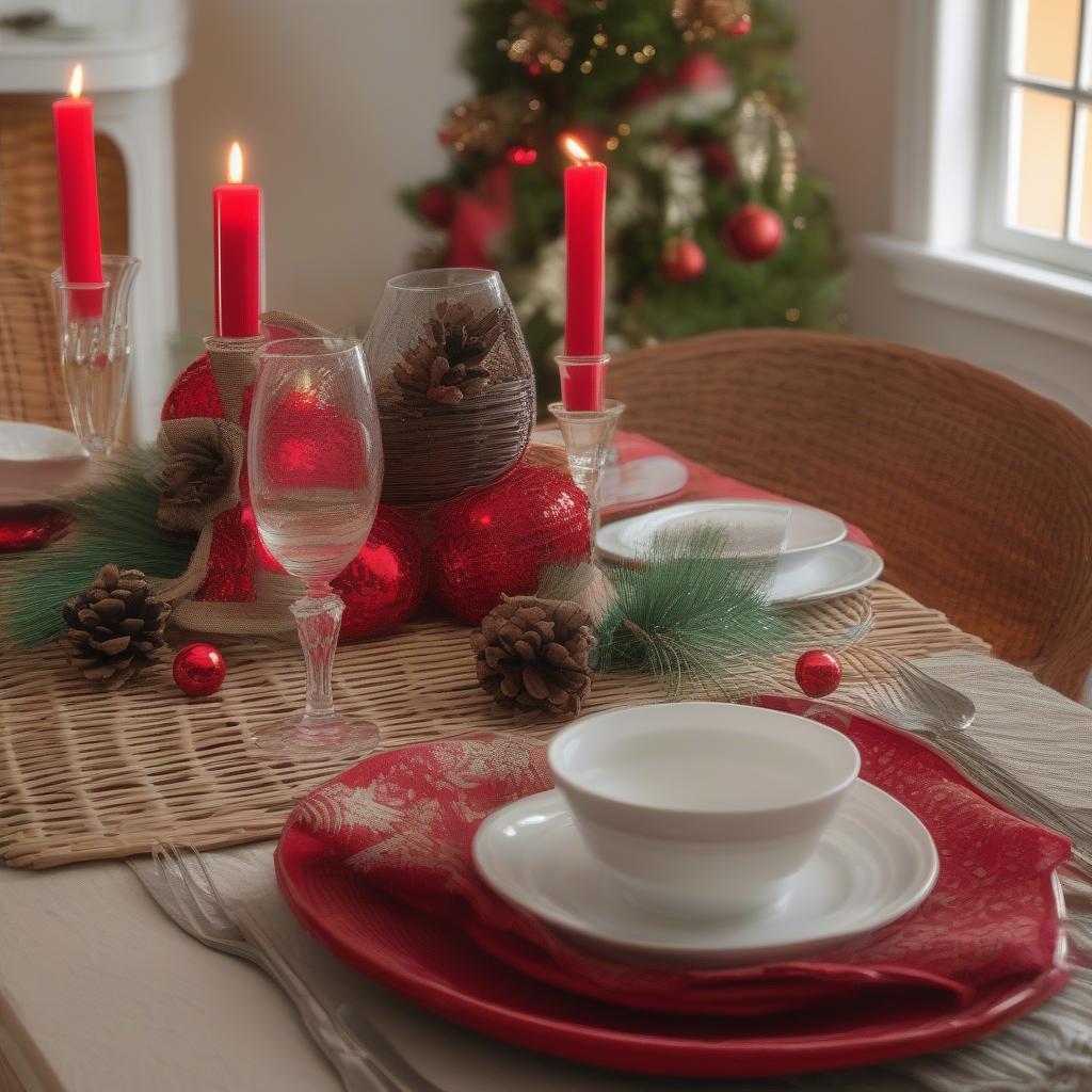 Festive Table Setting with Wicker and Rattan